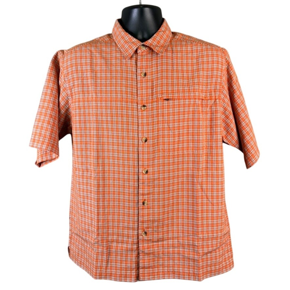The North Face Mens Small Orange Plaid Short Sleeve Hiking Shirt Zipper Pocket